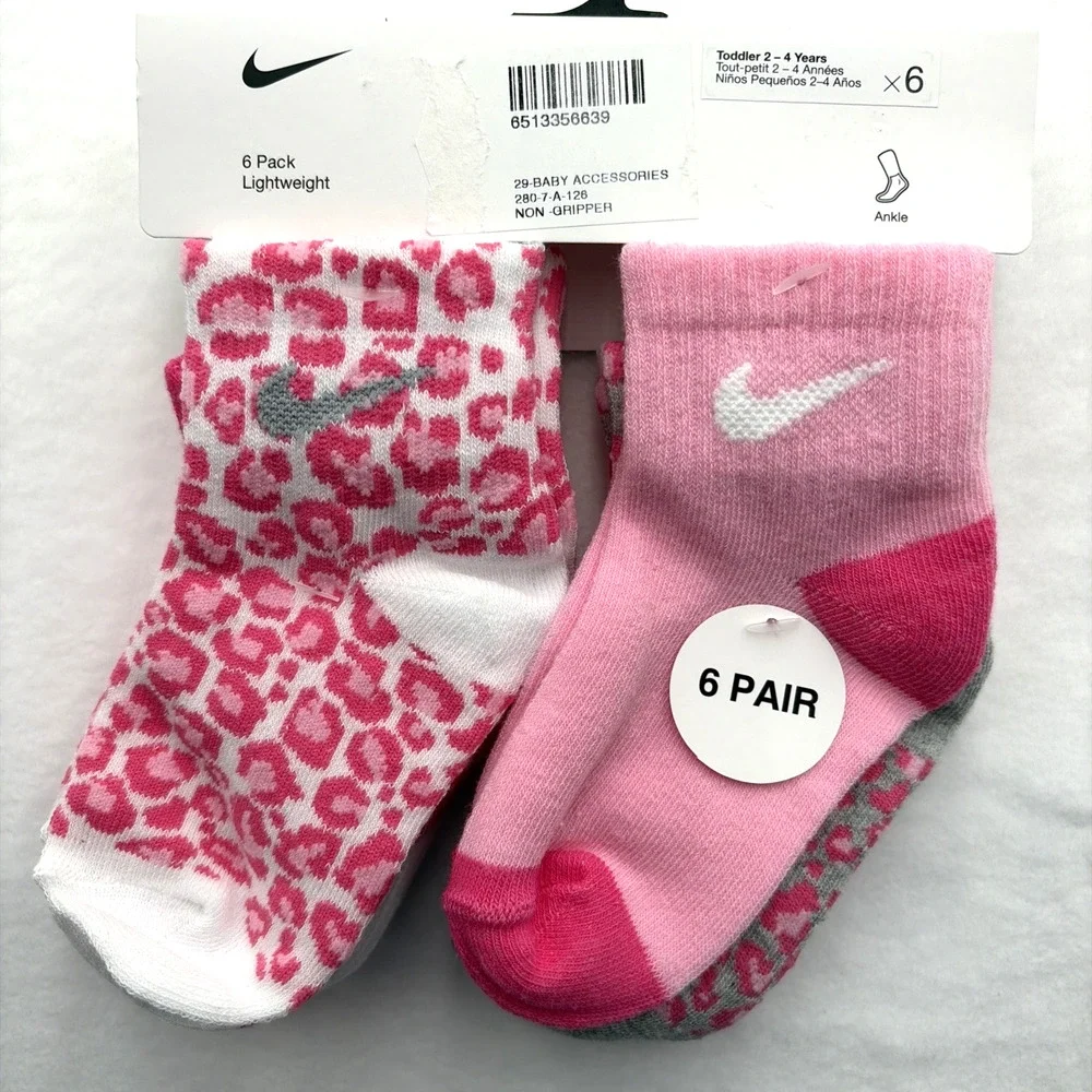 Nike Toddler Girl Ankle Socks 2-4 Yrs Pink, White & Gray Leopard Print 6 Pk NEW